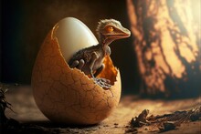  A Small Bird Is Sitting Inside Of An Egg Shell With A Hatched Egg Inside Of It, On A Table With Dried Leaves And A Dark Background.  Generative Ai