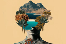 Abstract Art, Collage With Female Portrait And Mountains, Generative Ai