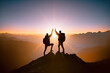 Accomplishment concept , with silhouette of two hikers giving high five on mountain top, Generative AI illustration
