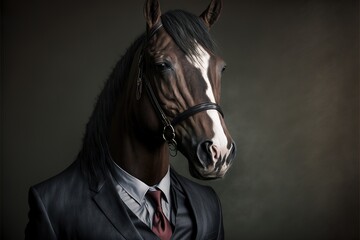 Wall Mural -  a man in a suit and tie standing next to a chestnut-colored horse The man is wearing a blazer, shirt, and tie, and the horse has a bridle on its head