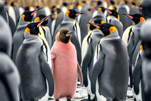 Standing Out From The Crowd With Pink Pinguin Between Penguins. Generative AI Illustration