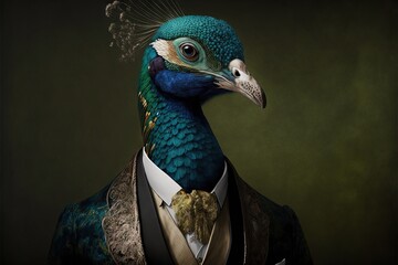 Poster -  a peacock in a suit and tie with a green background and a black background with a green background and a black background with a green background.  generative ai