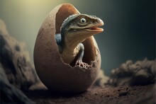  A Lizard Is Poking Its Head Out Of An Egg Shell With Its Head Sticking Out Of It's Egg Shell, With A Dark Background Of Rocks And A.  Generative Ai