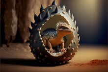  A Small Lizard Inside Of A Ball With Spikes On It's Head And A Body Of Spikes On Its Back, With A Body Of A Lizard Inside Of A Ball With Spikes, On A Table.  Generative Ai