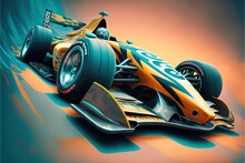  A Painting Of A Racing Car On A Checkered Floor With A Blue Background And A Yellow And Orange Stripe On The Side Of The Car.  Generative Ai