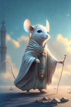 Cartoon Mouse Dressed In A Robe And Holding A Staff. Generative Ai.