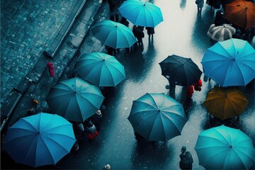  a group of people standing around holding umbrellas in the rain, looking down at the ground below them, with people walking on the sidewalk.  generative ai