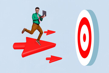 Poster - Creative collage abstract image of mini successful guy use netbook flying arrow darts board target isolated on drawing background