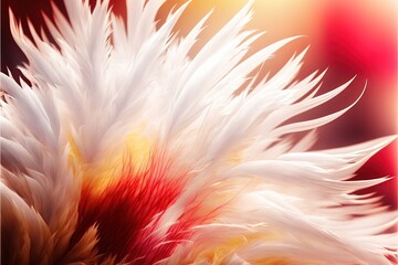  a close up of a white and red flower with a blurry background of red and yellow colors in the background, with a red and yellow center.  generative ai