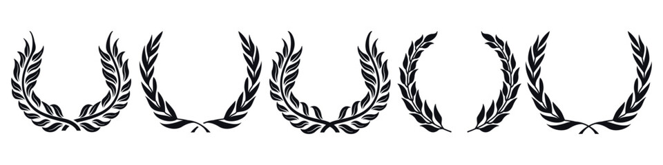 Set of black laurel wreaths and branches with leaves.  Laurel wreath vector icon set. Award, success, champion signs. Silhouette laurel foliate wreaths  award, achievement, heraldry. chaplet, trophy.