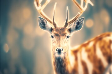  a deer with antlers standing in front of a blurry background of trees and grass, with a blurry background of boke.  generative ai