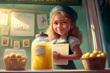 illustration for a children's book of a smiling little girl sells lemonades at the kiosk - AI generative