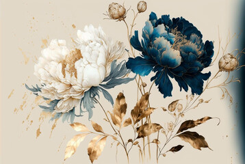 Wall Mural - A wallpaper of a rococo blooms flowers dreamy intricate details pastel scheme blue gold  tone fantasy fairytale aesthetic rococo luxurious style background,generative ai.