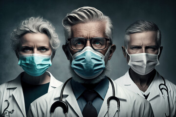 Group portrait, doctors and nurses in surgical masks ready to treat sick patients, generative ai