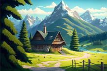 Idyllic Landscape  With Mountain Chalet And Green Meadows. Cartoon Style. Generative AI
