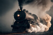 © BlazingDesigns - Vintage steam train with ancient locomotive and old carriages at Nigh. generative AI