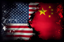 American And Chinese Flags  On Black Background. Concept Of Conflict War Cause Taiwan. America USA VS China Metaphor. Generative Ai.