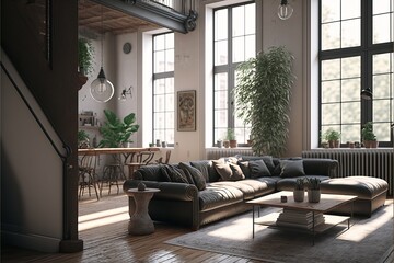 Elegant and modern industrial style interior with high ceilings, concrete floors and a mix of vintage and modern furniture. AI generation.