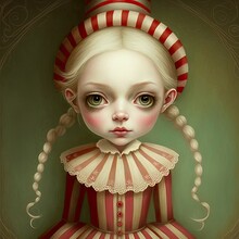 Blonde Hair Doll In A Red Striped Dress, AI Assisted Finalized In Photoshop By Me 