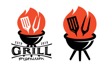 Sticker - Grill food, barbecue logo or emblem. Brazier with fire and tools for grilling, symbol. Design for restaurant menu