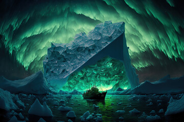 Wall Mural - Luminouscent ice cave with ship sailing through, colorful lightning from behind on cold water