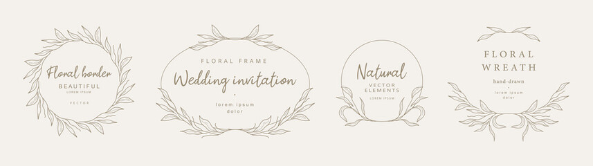 Wall Mural - Hand drawn floral frames with branches and leaves. Elegant logo template. Vector illustration for labels, branding business identity, wedding invitation