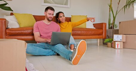 Canvas Print - Happy couple, laptop and planning for furniture in new home, online shopping or house decor together. Man and woman with smile on computer for real estate, investment or browsing renovation make over