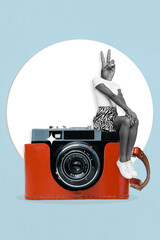 Poster - Vertical collage portrait of black white colors girl fingers show v-sign instead head sit vintage photo camera isolated on drawing background