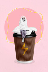 Sticker - Vertical collage picture of mini black white gamma girl sitting huge coffee cup covered blanket isolated on drawing background