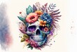 Gemalter Totenkopf mit Blumen und sehr vielen Feinheiten, wie auch Details.  Illustration vom Totenkopf mit Pflanzen als Aquarell - wandbild oder Tattoo - KI generiert