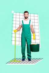 Sticker - Collage photo of professional cleaner man housekeeper washing apartments shine flat hold bucket hold swabber isolated on painted green background