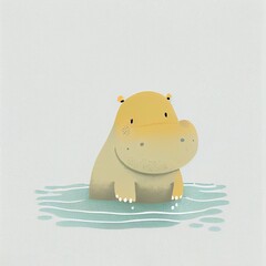 adorable, cute nursery art, simple, child like, minimalist design featuring a smiling, hippopotamus, AI assisted finalized in Photoshop by me 