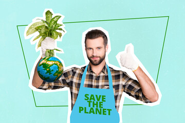 Sticker - Collage photo poster of young ecology activist man thumb up like his volunteer job save planet against pollution nature isolated on blue background