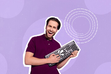 Sticker - Magazine collage poster of excited guy electronic gadget shop assistant using keyboard playing like rocker