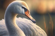  A White Swan With A Red Beak And Orange Beak Is Standing In Front Of A Body Of Water And Grass And A Blurry Background.  Generative Ai