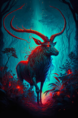 Wall Mural - Bioluminescent capricorn with red horns flying. Generative AI