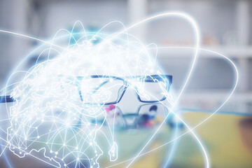 Aufkleber - Business theme hologram with glasses on the table background. Concept of search. Double exposure.