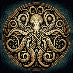 Wall Mural - an octopus with intricate patterns, sumatraism, lovecraftian, cosmic horror, 2d game art