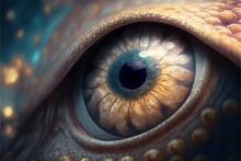  A Close Up Of A Large Eye With A Blue Iris In It's Irise And Gold Dots Around The Iris Of The Eye.  Generative Ai