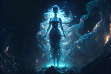 Wall Mural - blue fantasy magical dancing water elemental fairy with glowing lights, generative ai