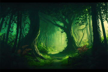 Wall Mural - Misty foggy fantasy green ancient celtic forest with lush foliage, calm nature organic background, generative ai