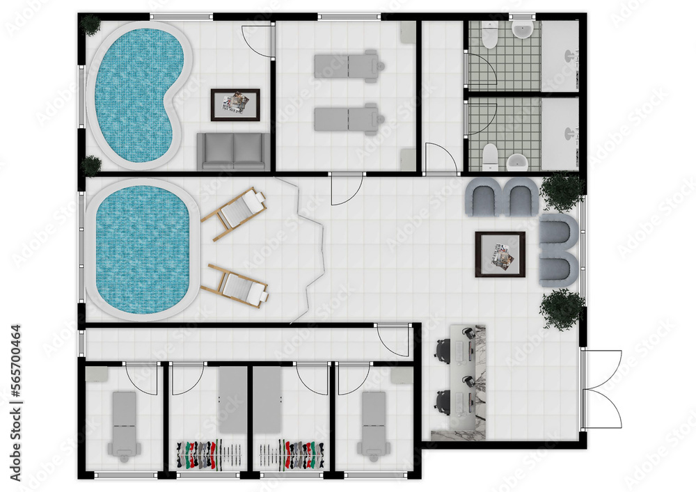 Floor plan spa. 3d render of wellness massage room. Isometric artwork concept of a interior of a spa.