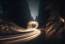  A Long Exposure Of A Car Light Trail On A Road At Night With A Heart Shaped Light Trail In The Middle Of The Road And Trees In The Background.  Generative Ai