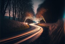  A Car Light Trail Going Through A Tunnel Of Trees At Night Time With Long Exposure Of Light Trails On The Road And Trees On The Side.  Generative Ai
