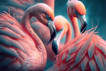  Two Flamingos Are Standing Next To Each Other In The Water Together, With Their Heads Touching Each Other's Necks, And Their Necks Touching.  Generative Ai