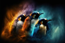  Three Penguins Are Standing In A Group With A Black Background And A Blue And Orange Background, With A Black Background And A Yellow And Blue Border.  Generative Ai