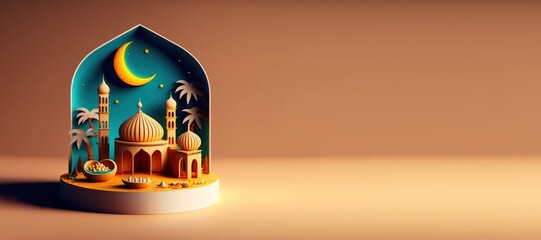 3d miniature islamic mosque for ramadan banner