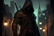 © MouadHK - A hooded assassin stands in the shadows, The background is dark and ominous, The assassin's face is obscured by the hood, adding to the mysterious and deadly atmosphere