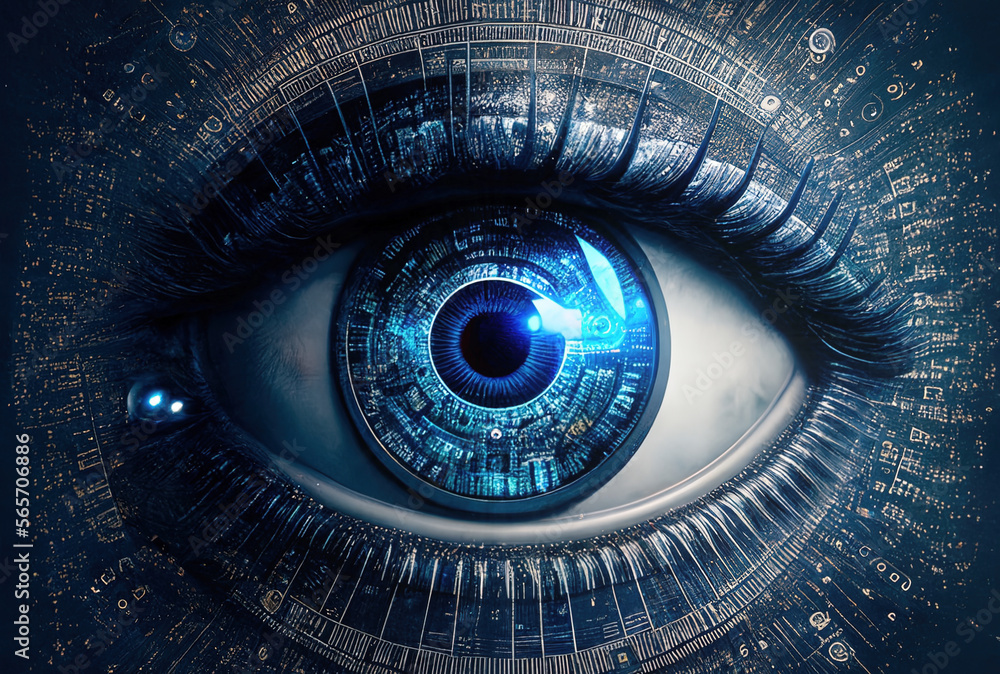 close up cyber electronic eye surveillance and security with lights ...