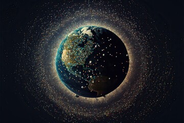 Earth from space surrounded by many tiny satellites, concept of space debris, trash, created with Generative AI technology